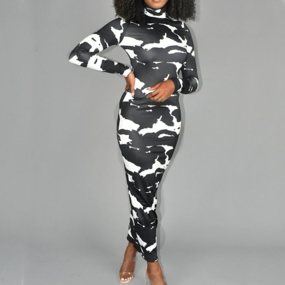 Black Cartoon Cow Print Bodycon Dress